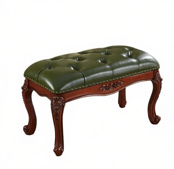 Farmhouse Entryway Bench, Leather Lounge Chair Modern, Green Leather Stool, Genuine Leather Solid Wood Entry Bench, Vintage Dressing Table Stool, Rubber Wood Footstool-LargePaintingArt.com