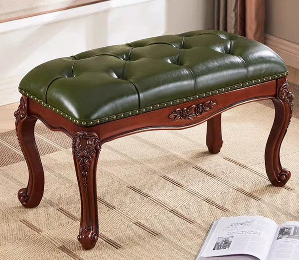 Farmhouse Entryway Bench, Leather Lounge Chair Modern, Green Leather Stool, Genuine Leather Solid Wood Entry Bench, Vintage Dressing Table Stool, Rubber Wood Footstool-LargePaintingArt.com