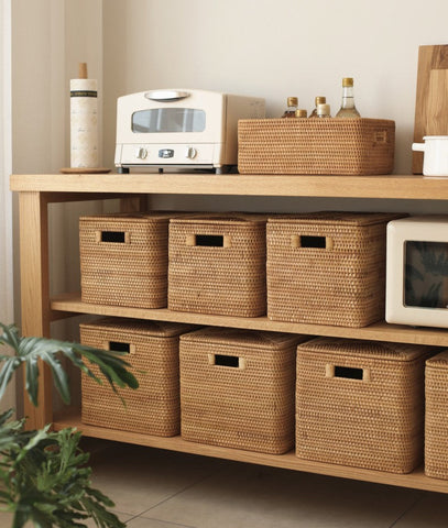 Wicker Storage Baskets for Bathroom, Rattan Rectangular Storage Basket with Lid, Extra Large Storage Baskets for Clothes, Storage Baskets for Bedroom-LargePaintingArt.com
