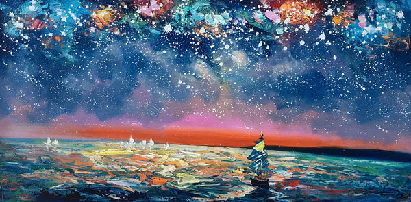 Bedroom Canvas Art, Landscape Painting, Boat under Starry Night Sky Painting, Custom Large Painting-LargePaintingArt.com