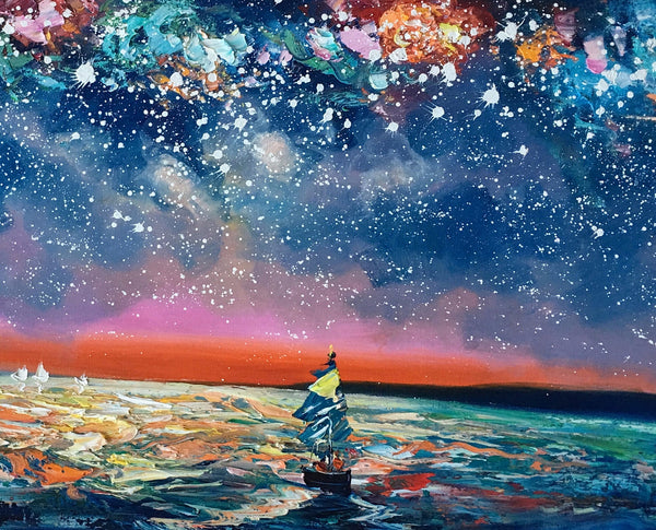 Bedroom Canvas Art, Landscape Painting, Boat under Starry Night Sky Painting, Custom Large Painting-LargePaintingArt.com