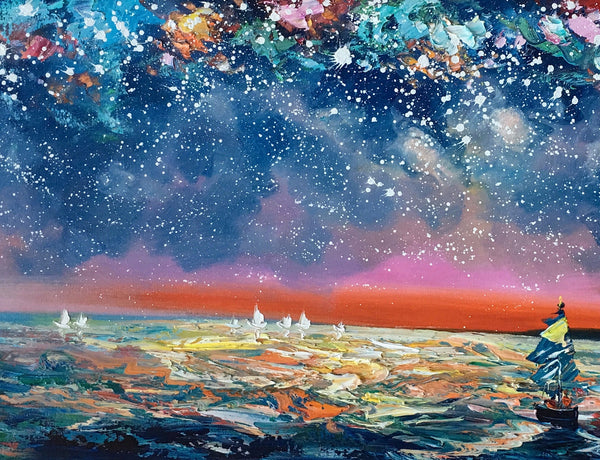 Bedroom Canvas Art, Landscape Painting, Boat under Starry Night Sky Painting, Custom Large Painting-LargePaintingArt.com