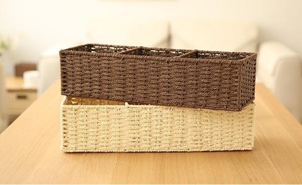 Woven Straw Storage basket with 3 Compartments, Wicker Storage Basket, Rectangle Storage Basket for Living Room-LargePaintingArt.com