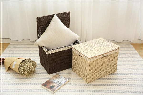 Large Deep Brown / Cream Color Woven Straw basket with Cover, Storage Basket for Toys, Rectangle Storage Basket, Storage Basket for Clothes-LargePaintingArt.com