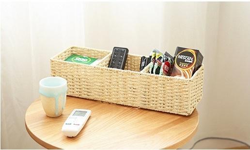 Woven Straw Storage basket with 3 Compartments, Wicker Storage Basket, Rectangle Storage Basket for Living Room-LargePaintingArt.com