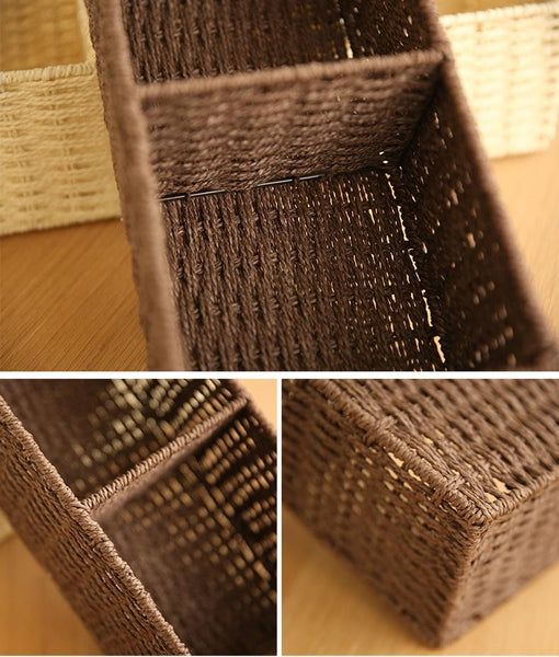 Woven Straw Storage basket with 3 Compartments, Wicker Storage Basket, Rectangle Storage Basket for Living Room-LargePaintingArt.com