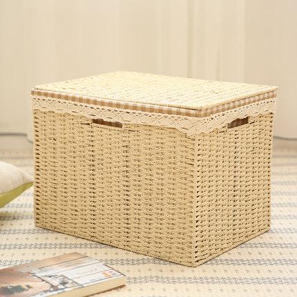 Large Deep Brown / Cream Color Woven Straw basket with Cover, Storage Basket for Toys, Rectangle Storage Basket, Storage Basket for Clothes-LargePaintingArt.com