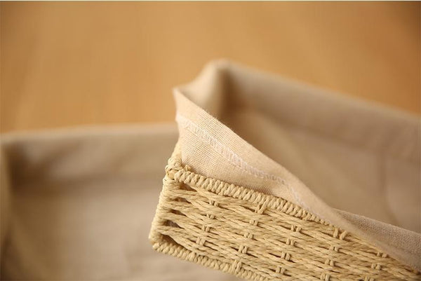 Woven Straw Storage Basket with Linen Lining, Storage Basket for Food, Rectangle Storage Basket for Kitchen-LargePaintingArt.com