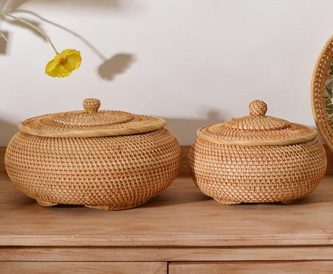Woven Storage Basket for Kitchen, Round Storage Basket, Rattan Baskets, Small Storage Baskets, Handmade Storage Baskets, Round Storage Basket with Lid-LargePaintingArt.com