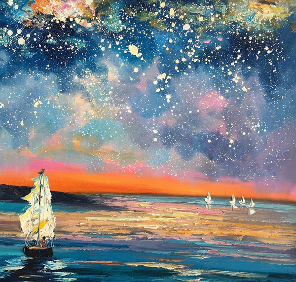 Landscape Canvas Painting, Large Canvas Wall Art, Starry Night Sky Painting, Custom Canvas Painting for Bedroom-LargePaintingArt.com