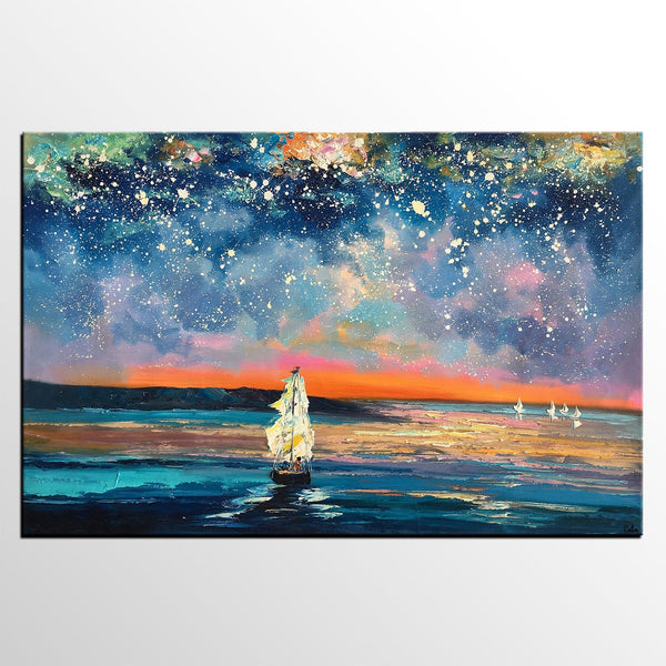 Landscape Canvas Painting, Large Canvas Wall Art, Starry Night Sky Painting, Custom Canvas Painting for Bedroom-LargePaintingArt.com