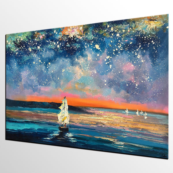 Landscape Canvas Painting, Large Canvas Wall Art, Starry Night Sky Painting, Custom Canvas Painting for Bedroom-LargePaintingArt.com