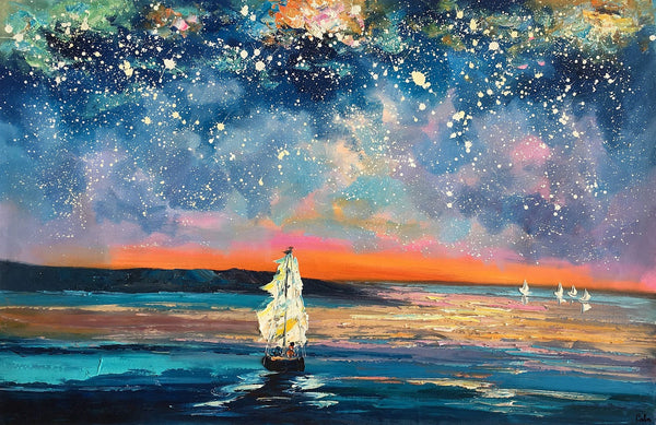 Landscape Canvas Painting, Large Canvas Wall Art, Starry Night Sky Painting, Custom Canvas Painting for Bedroom-LargePaintingArt.com