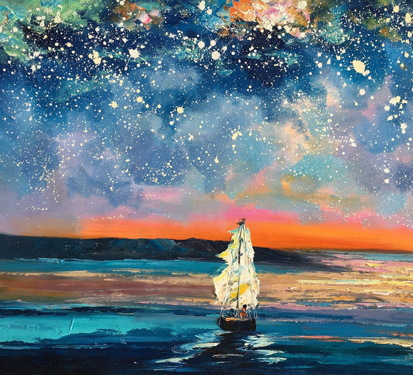 Landscape Canvas Painting, Large Canvas Wall Art, Starry Night Sky Painting, Custom Canvas Painting for Bedroom-LargePaintingArt.com