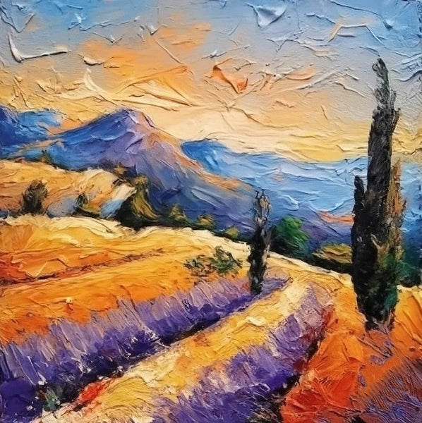 Simple Small Canvas Paintings, Original Small Landscape Paintings, Provence Lavender Field Cypress Tree Painting, Heavy Texture Acrylic Artwork, Easy Landscape Painting Ideas-LargePaintingArt.com
