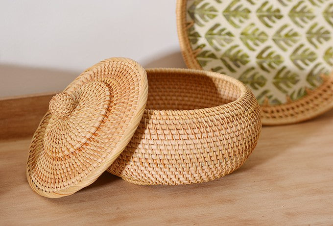 Rattan Storage Basket for Kitchen, Storage Basket for Picnic, Small Storage Baskets, Round Storage Basket with Lid, Woven Storage Baskets-LargePaintingArt.com