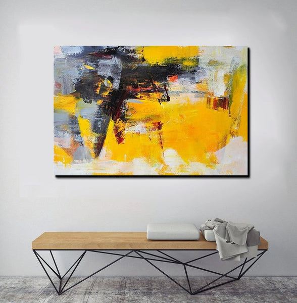 Living Room Modern Paintings, Yellow Acrylic Abstract Paintings, Large Painting Behind Sofa, Buy Abstract Painting Online, Simple Modern Art-LargePaintingArt.com