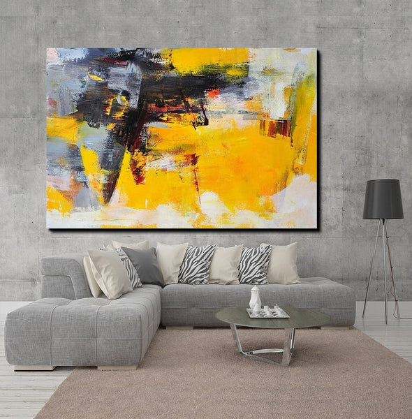 Living Room Modern Paintings, Yellow Acrylic Abstract Paintings, Large Painting Behind Sofa, Buy Abstract Painting Online, Simple Modern Art-LargePaintingArt.com