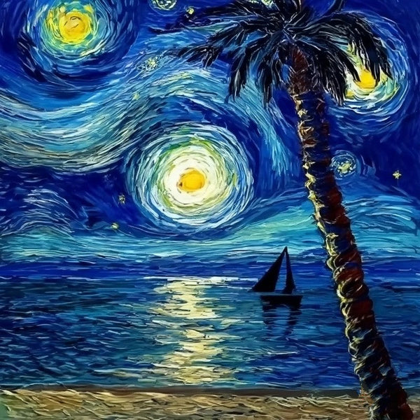 Heavy Texture Canvas Art, Easy Seascape Painting Ideas, Simple Small Canvas Paintings, Palette Knife Paintings, Sail Boat under Starry Night Painting, Small Landscape Painting-LargePaintingArt.com