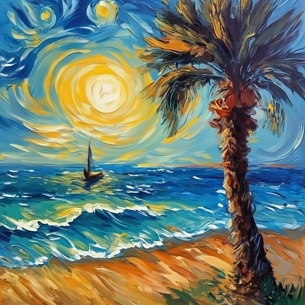 Palm Tree Sail Boat Seashore Beach Painting, Heavy Texture Canvas Art, Original Small Landscape Paintings, Small Palette Knife Oil Paintings, Easy Landscape Painting Ideas, Simple Small Canvas Paintings-LargePaintingArt.com
