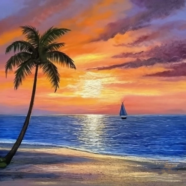 Original Small Landscape Paintings, Hawaii Seashore Beach Sail Boat Sunset Painting, Simple Small Canvas Paintings, Heavy Texture Acrylic Artwork, Easy Landscape Painting Ideas-LargePaintingArt.com