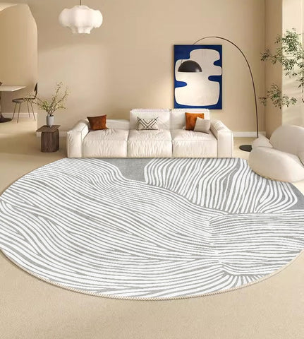 Modern Round Rugs for Dining Room, Gray Round Rugs under Coffee Table, Circular Modern Rugs for Bedroom, Contemporary Modern Rug Ideas for Living Room-LargePaintingArt.com