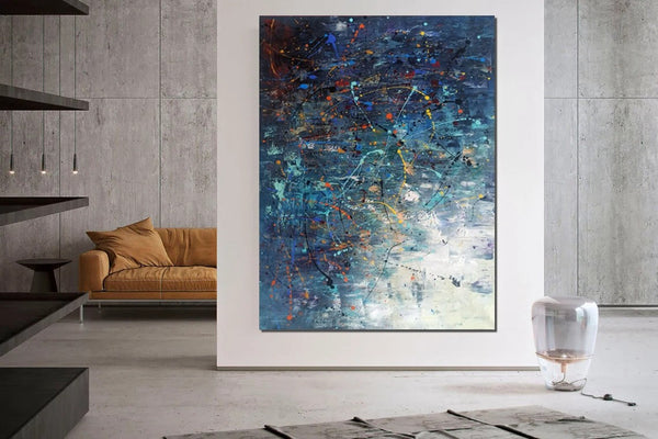 Extra Large Paintings for Living Room, Hand Painted Wall Art Paintings, Blue Abstract Acrylic Painting, Modern Abstract Art for Dining Room-LargePaintingArt.com