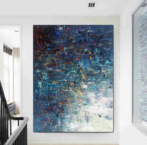 Extra Large Paintings for Living Room, Hand Painted Wall Art Paintings, Blue Abstract Acrylic Painting, Modern Abstract Art for Dining Room-LargePaintingArt.com