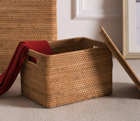Laundry Storage Baskets for Bathroom, Rectangular Storage Baskets for Clothes, Wicker Storage Baskets for Shelves, Rattan Storage Baskets for Kitchen, Storage Basket with Lid-LargePaintingArt.com