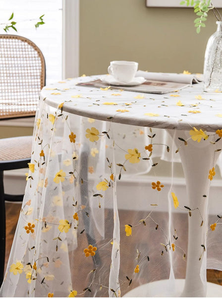 Yellow Flower Lace Tablecloths, Extra Large Rectangular Tablecloth for Oval Table, Lace Embroidered Table Covers, Rectangular Table Covers for Coffee Table-LargePaintingArt.com