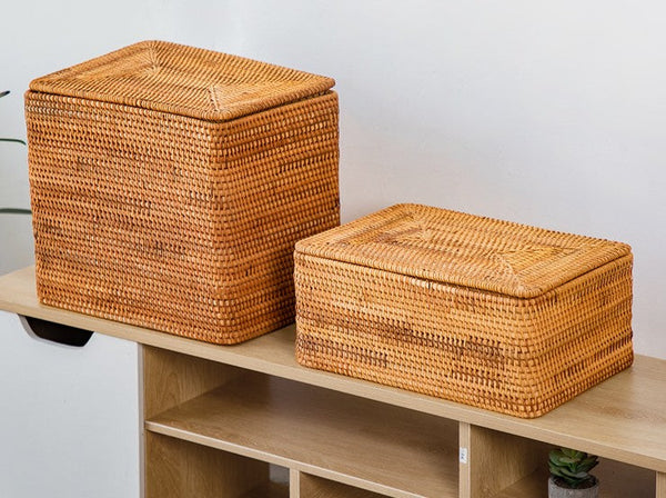 Storage Baskets with Lid, Rectangular Storage Baskets, Storage Baskets for Clothes, Pantry Storage Baskets, Rattan Woven Storage Basket for Bedroom-LargePaintingArt.com
