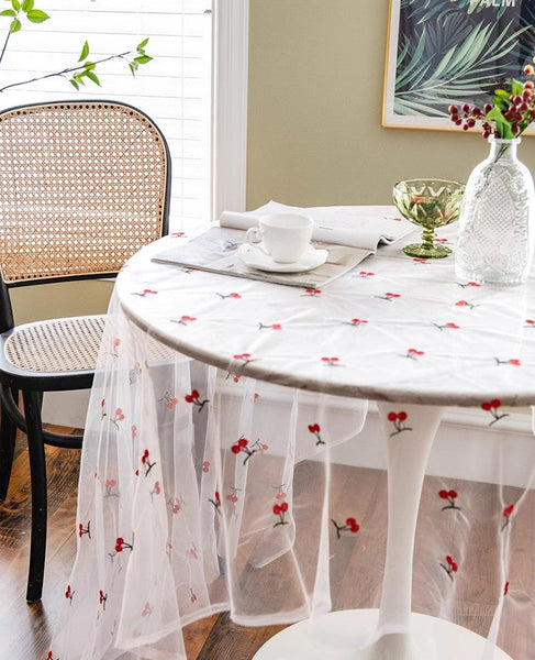 Extra Large Rectangular Tablecloth for Oval Table, Rectangular Table Covers for Coffee Table, Cherry Lace Tablecloths, Lace Embroidered Table Covers-LargePaintingArt.com