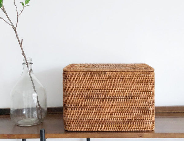 Woven Rattan Baskets, Rectangular Basket with Lid, Rectangular Storage Baskets, Storage Basket for Bedroom, Kitchen Storage Baskets-LargePaintingArt.com