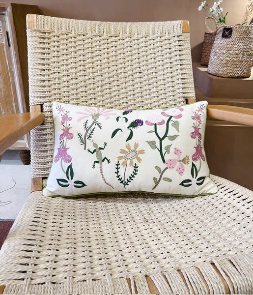Embroider Flower Cotton Pillow Covers, Spring Flower Decorative Throw Pillows, Farmhouse Sofa Decorative Pillows, Flower Decorative Throw Pillows for Couch-LargePaintingArt.com