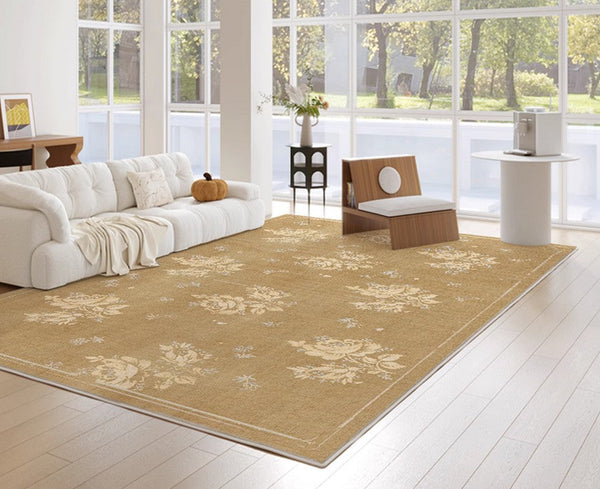 Flower Pattern French Style Modern Rugs for Dining Room, Contemporary Modern Rugs, Mid Century Modern Rugs for Interior Design, Yellow Soft Rugs under Coffee Table-LargePaintingArt.com