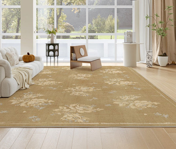 Flower Pattern French Style Modern Rugs for Dining Room, Contemporary Modern Rugs, Mid Century Modern Rugs for Interior Design, Yellow Soft Rugs under Coffee Table-LargePaintingArt.com