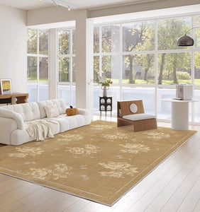 Flower Pattern French Style Modern Rugs for Dining Room, Contemporary Modern Rugs, Mid Century Modern Rugs for Interior Design, Yellow Soft Rugs under Coffee Table-LargePaintingArt.com