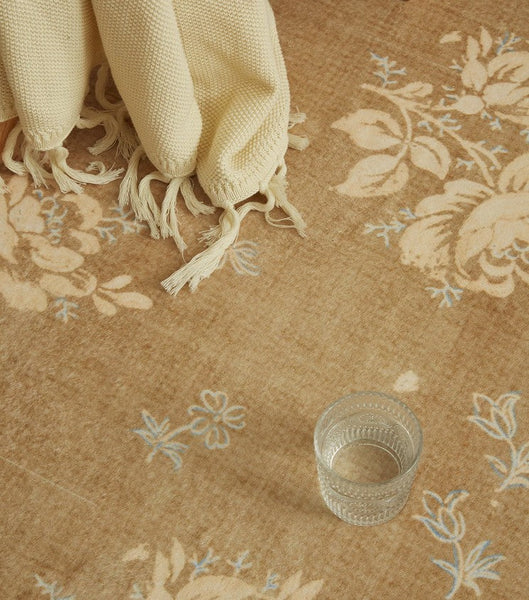 Flower Pattern French Style Modern Rugs for Dining Room, Contemporary Modern Rugs, Mid Century Modern Rugs for Interior Design, Yellow Soft Rugs under Coffee Table-LargePaintingArt.com