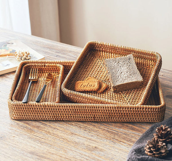 Rectangular Storage Baskets, Woven Rattan Storage Basket, Kitchen Storage Baskets, Storage Baskets for Shelves, Set of 3-LargePaintingArt.com