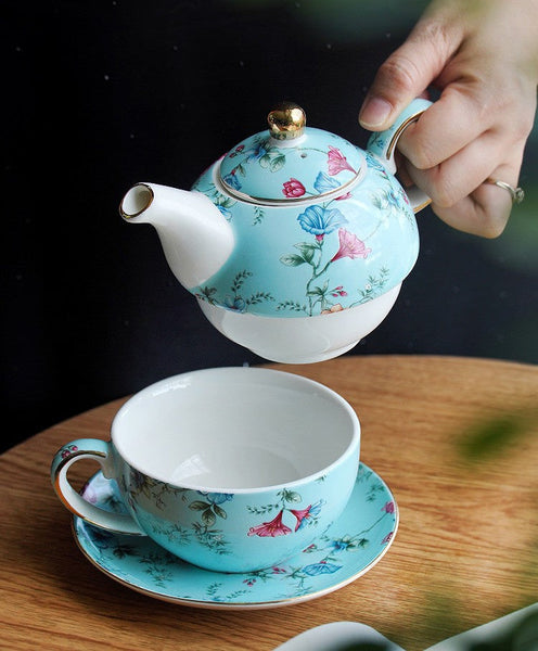 Stackable Teapot and Cup Set, Ceramic Tea Pot with Integrated Cup, Porcelain Teapot with Matching Cup and Saucer in Gift Box, Mother and Baby Teapot with Matching Saucer-LargePaintingArt.com