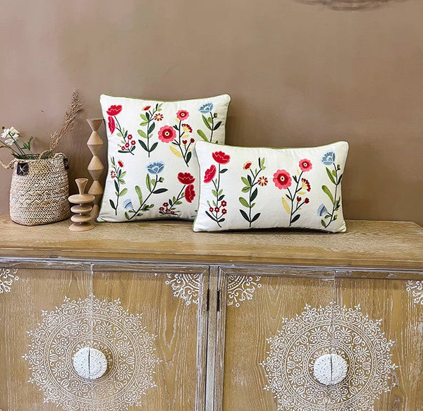 Throw Pillows for Couch, Spring Flower Decorative Throw Pillows, Farmhouse Sofa Decorative Pillows, Embroider Flower Cotton Pillow Covers-LargePaintingArt.com