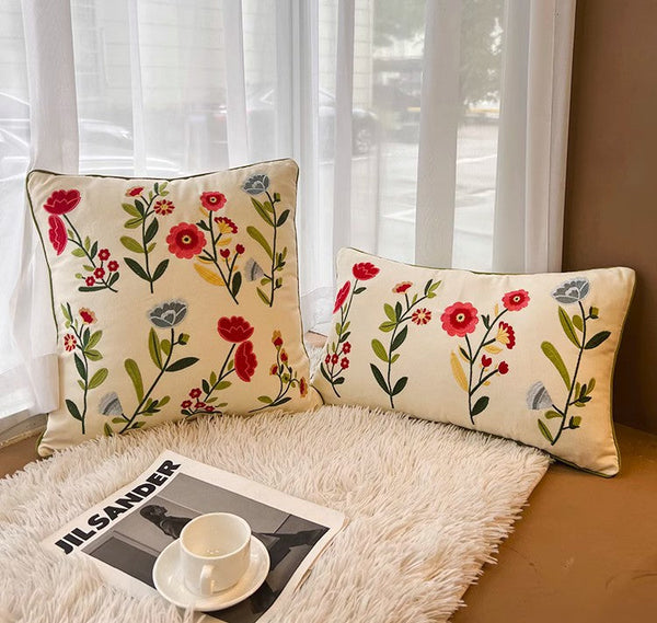 Throw Pillows for Couch, Spring Flower Decorative Throw Pillows, Farmhouse Sofa Decorative Pillows, Embroider Flower Cotton Pillow Covers-LargePaintingArt.com