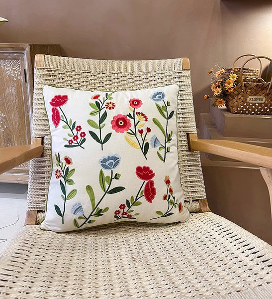 Throw Pillows for Couch, Spring Flower Decorative Throw Pillows, Farmhouse Sofa Decorative Pillows, Embroider Flower Cotton Pillow Covers-LargePaintingArt.com