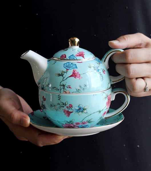 Stackable Teapot and Cup Set, Ceramic Tea Pot with Integrated Cup, Porcelain Teapot with Matching Cup and Saucer in Gift Box, Mother and Baby Teapot with Matching Saucer-LargePaintingArt.com