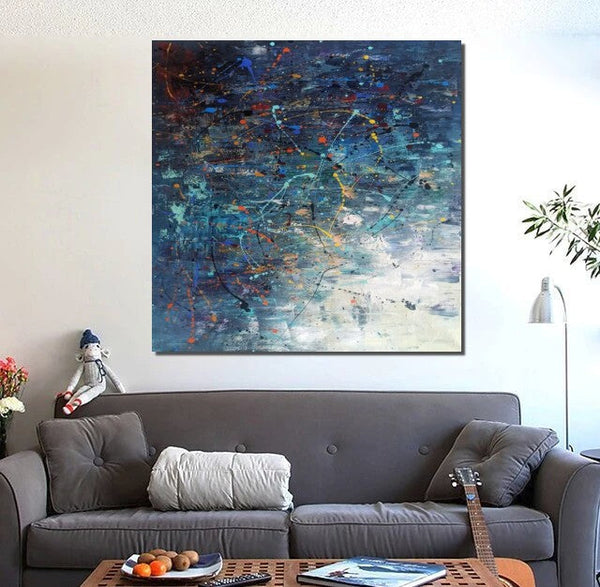 Modern Abstract Wall Art, Large Painting for Sale, Easy Painting Ideas for Living Room, Blue Acrylic Painting on Canvas, Huge Canvas Paintings-LargePaintingArt.com