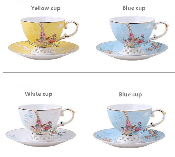 Elegant Oriental Pheasant Ceramic Cups, Beautiful Bird Pattern Tea Cups, 8 oz Porcelain Tea Cup Saucer Set of 2 Cups, Unique Tea Cup and Saucer in Gift Box-LargePaintingArt.com
