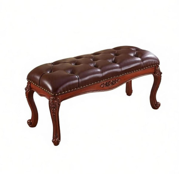 Vintage Dressing Table Stool, Rubber Wood Footstool, Brown Leather Stool, Genuine Leather Solid Wood Entry Bench, Farmhouse Entryway Bench, Leather Lounge Chair-LargePaintingArt.com