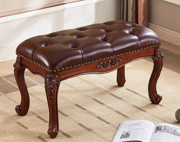 Vintage Dressing Table Stool, Rubber Wood Footstool, Brown Leather Stool, Genuine Leather Solid Wood Entry Bench, Farmhouse Entryway Bench, Leather Lounge Chair-LargePaintingArt.com