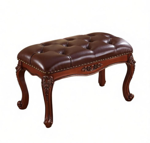 Vintage Dressing Table Stool, Rubber Wood Footstool, Brown Leather Stool, Genuine Leather Solid Wood Entry Bench, Farmhouse Entryway Bench, Leather Lounge Chair-LargePaintingArt.com