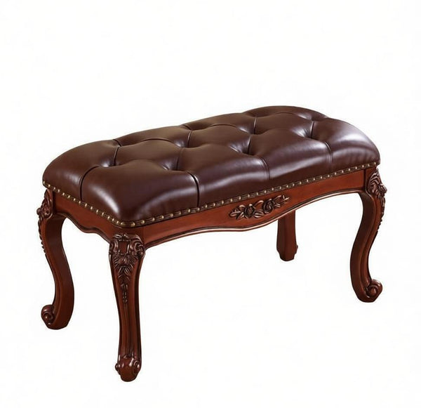 Vintage Dressing Table Stool, Rubber Wood Footstool, Brown Leather Stool, Genuine Leather Solid Wood Entry Bench, Farmhouse Entryway Bench, Leather Lounge Chair-LargePaintingArt.com